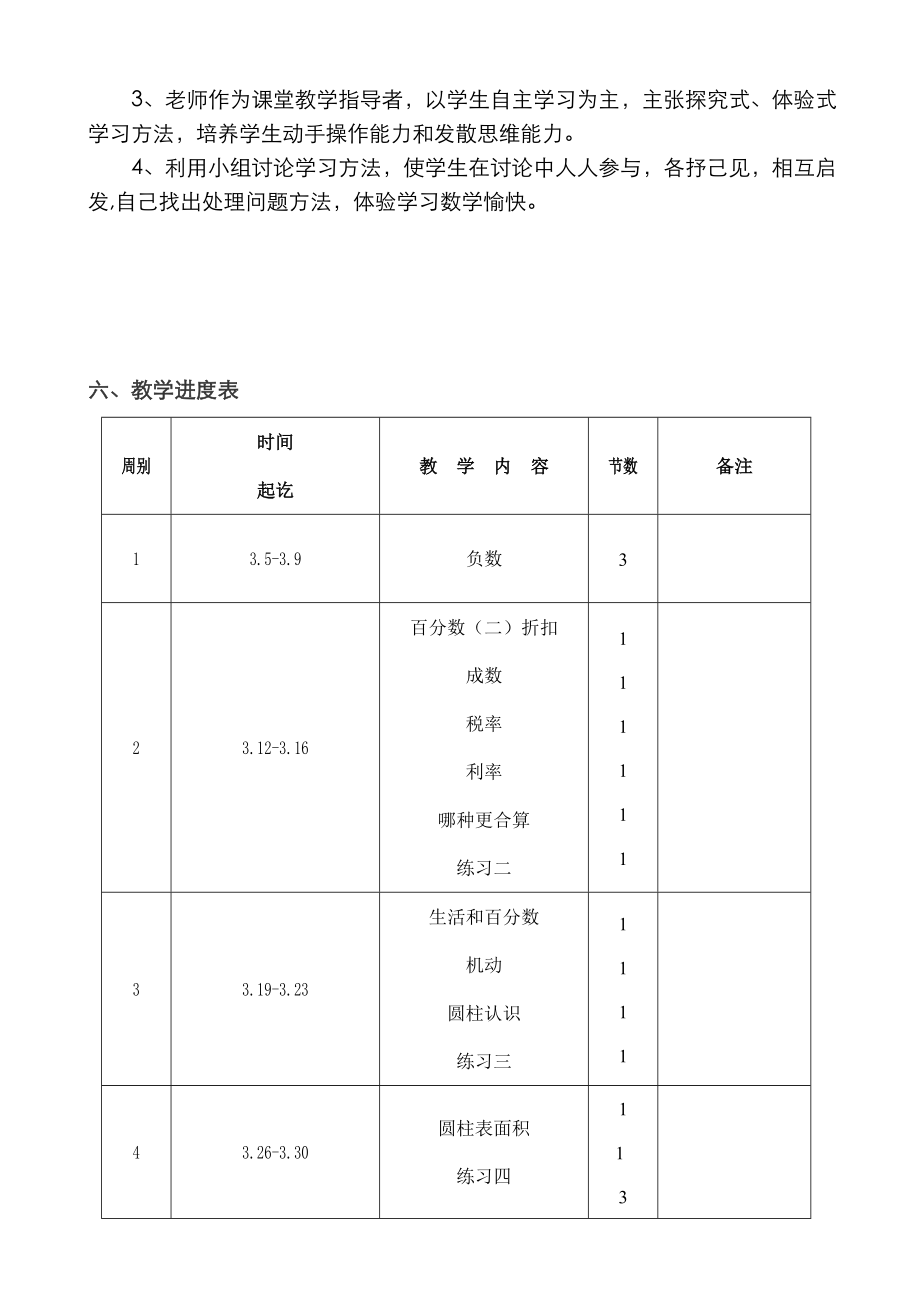 版人教版小学六年级下册数学教学专项计划及进度表.doc