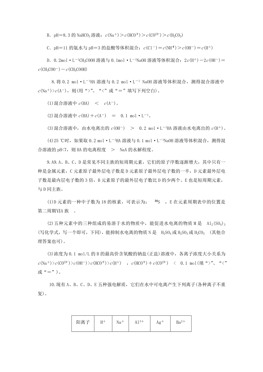 高考化学二轮总复习限时训练第11课时盐类的水解和离子浓度大小的比较新人教版（湖南专用）.doc