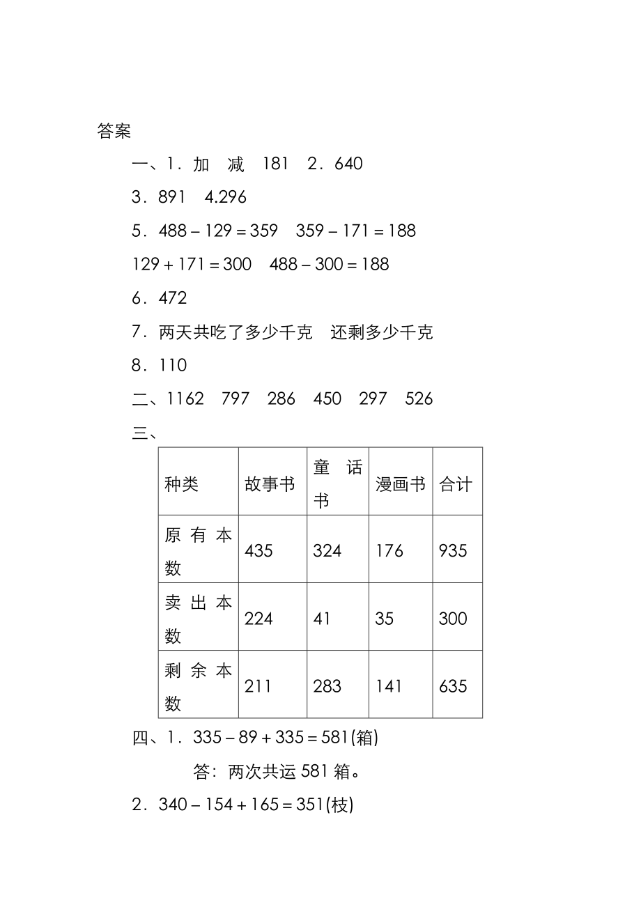 最新北师大版数学三年级上册第三单元《加与减》单元测试卷-精编试题.doc