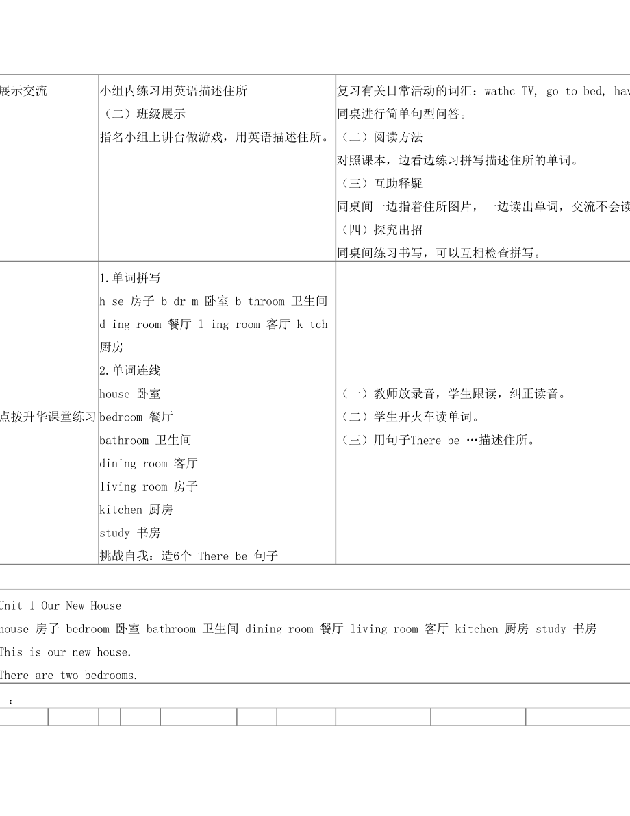 陕西旅游版四年级下册英语Unit1OurNewHouse教案.doc