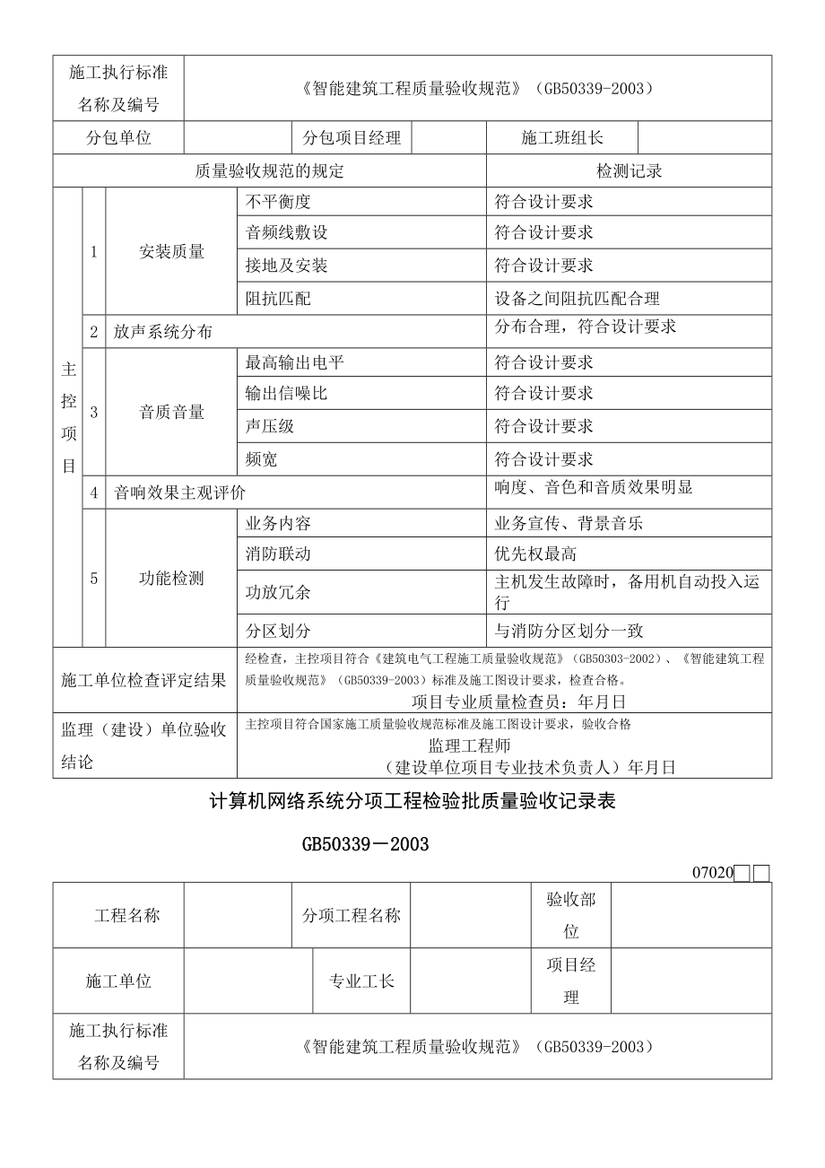 智能建筑工程检验批质量验收记录表格模板.doc