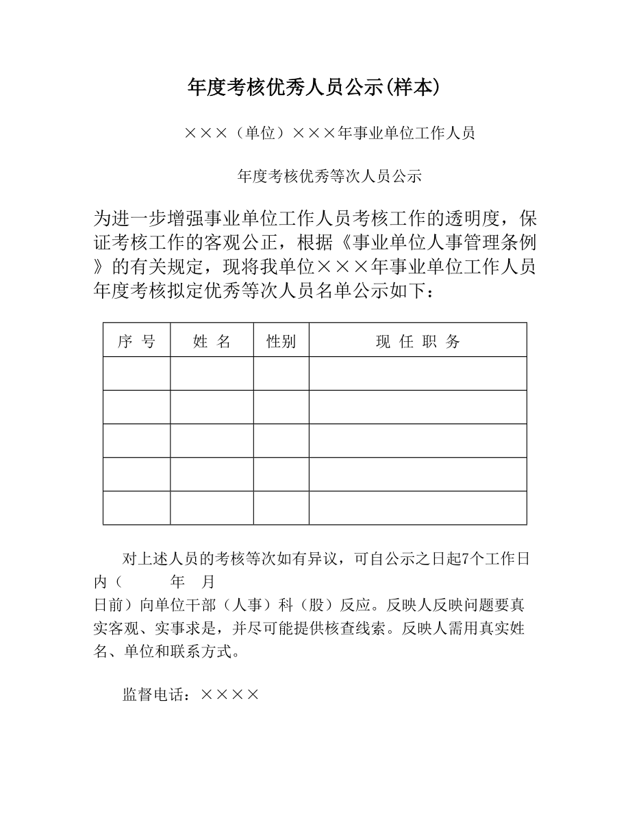 年度考核优秀人员公示(样本).doc