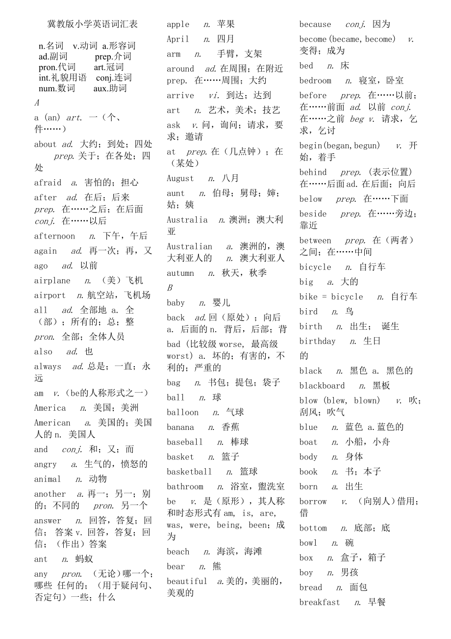 冀教版小学英语词汇表.doc