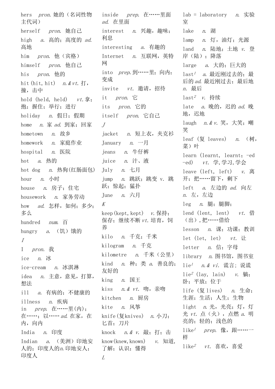 冀教版小学英语词汇表.doc