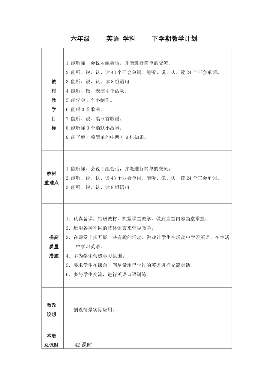 精通版小学英语六年级下册教案全册.doc