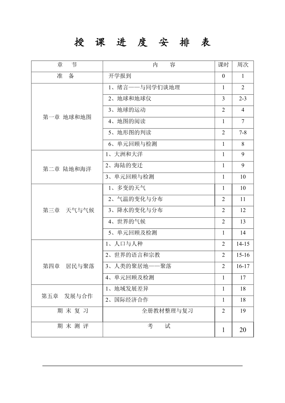 人教版七年级上册地理教材分析、教学进度安排、教案.doc