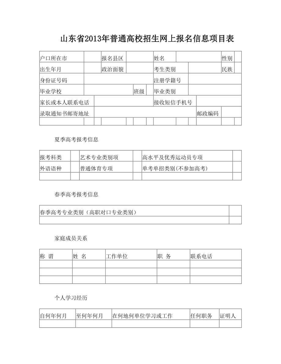 山东省普通高校招生网上报名信息项目表.doc