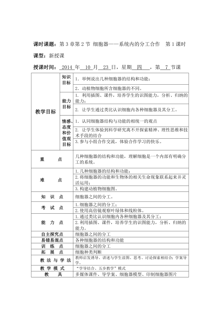 枣庄优秀教案评选一等奖—细胞器─系统内的分工合作1.doc