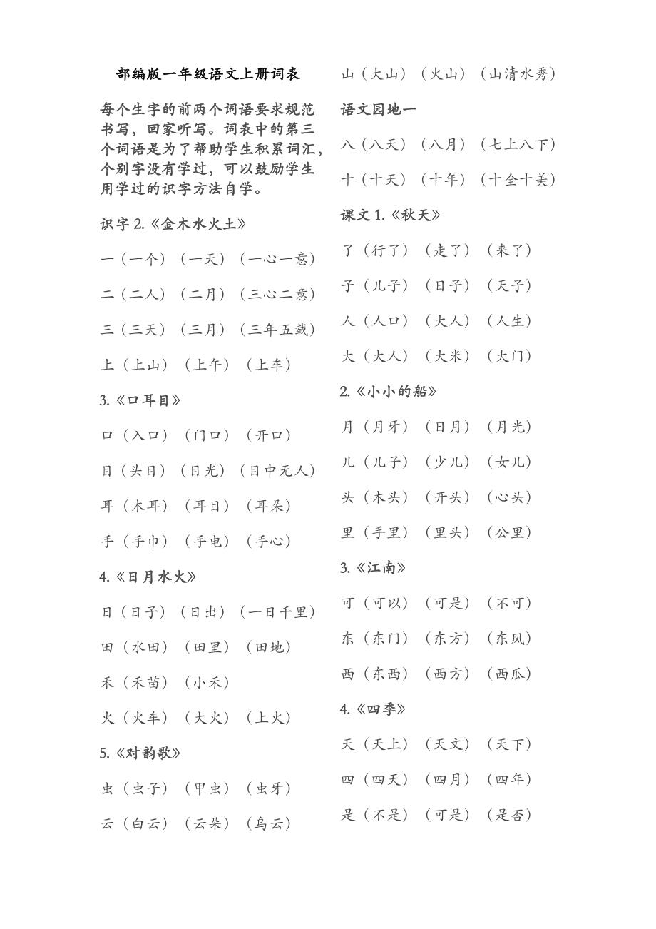 部编版一年级语文上册生字词表