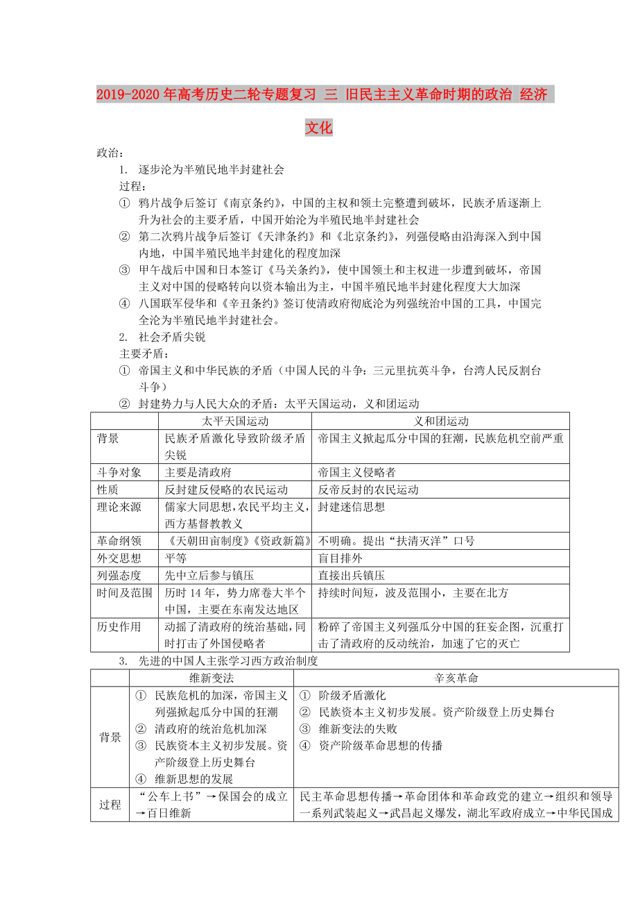 高考历史二轮专题复习 三 旧民主主义革命时期的政治 经济 文化