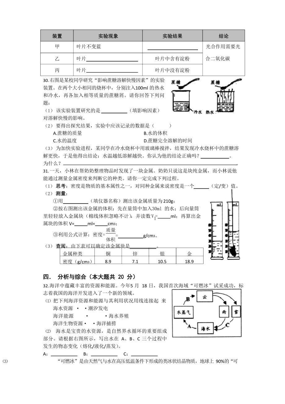 上海市初中科学学业考试