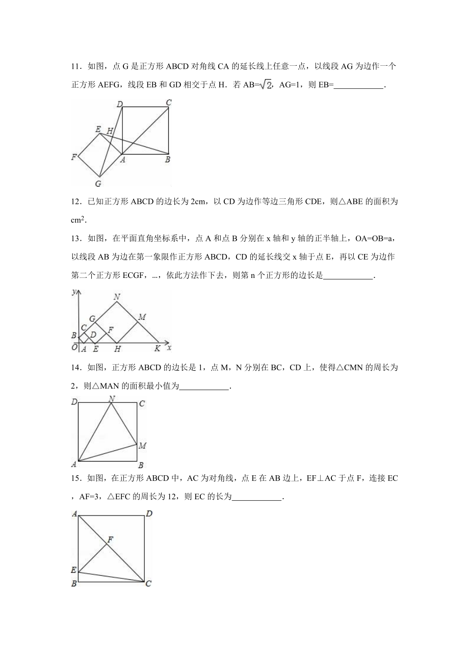 中考数学（浙教版）专题训练（二）：正方形