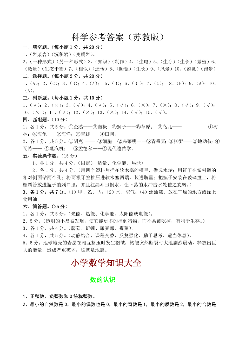 苏教版六年级毕业科学模拟考试试卷及答案+小学数学知识大全归纳整理