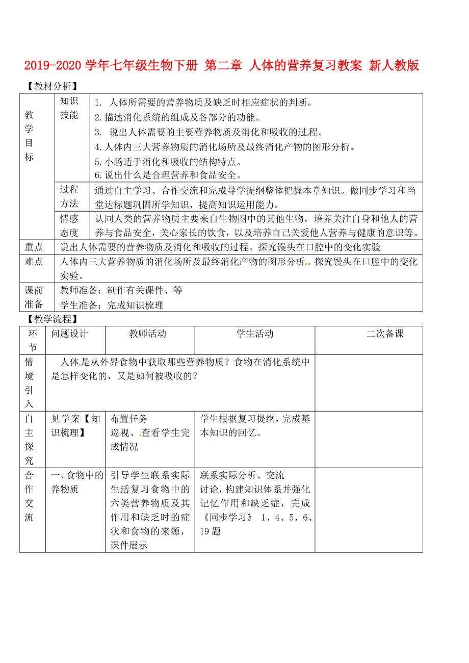 七年级生物下册 第二章 人体的营养复习教案 新人教版