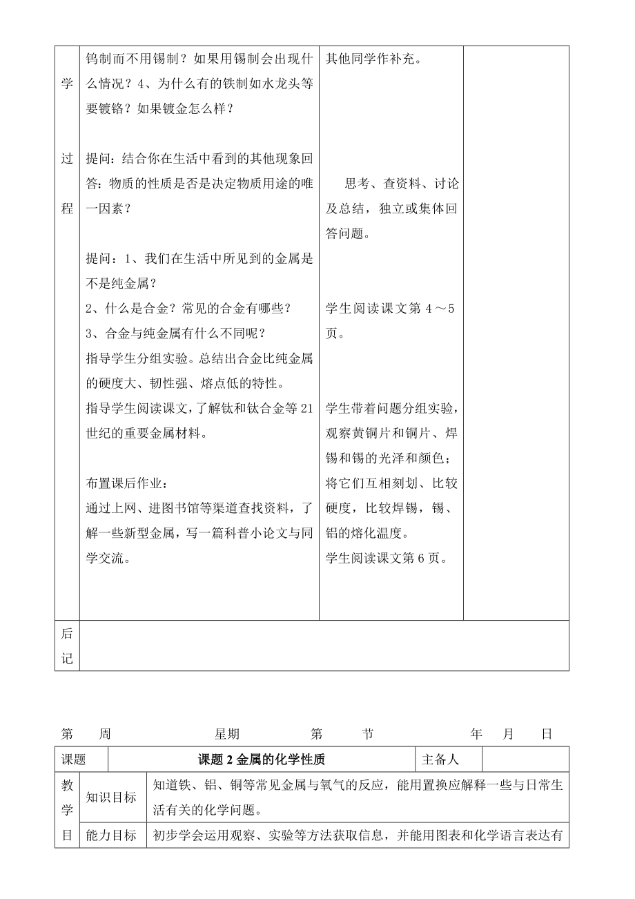 人教版初中化学九年级下册教学设计（表格式）