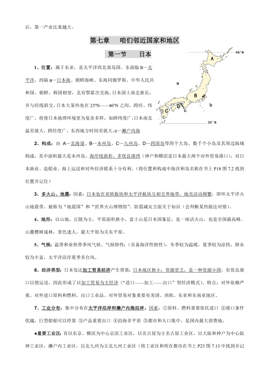 度人教版七年级地理下册知识点归纳最新版