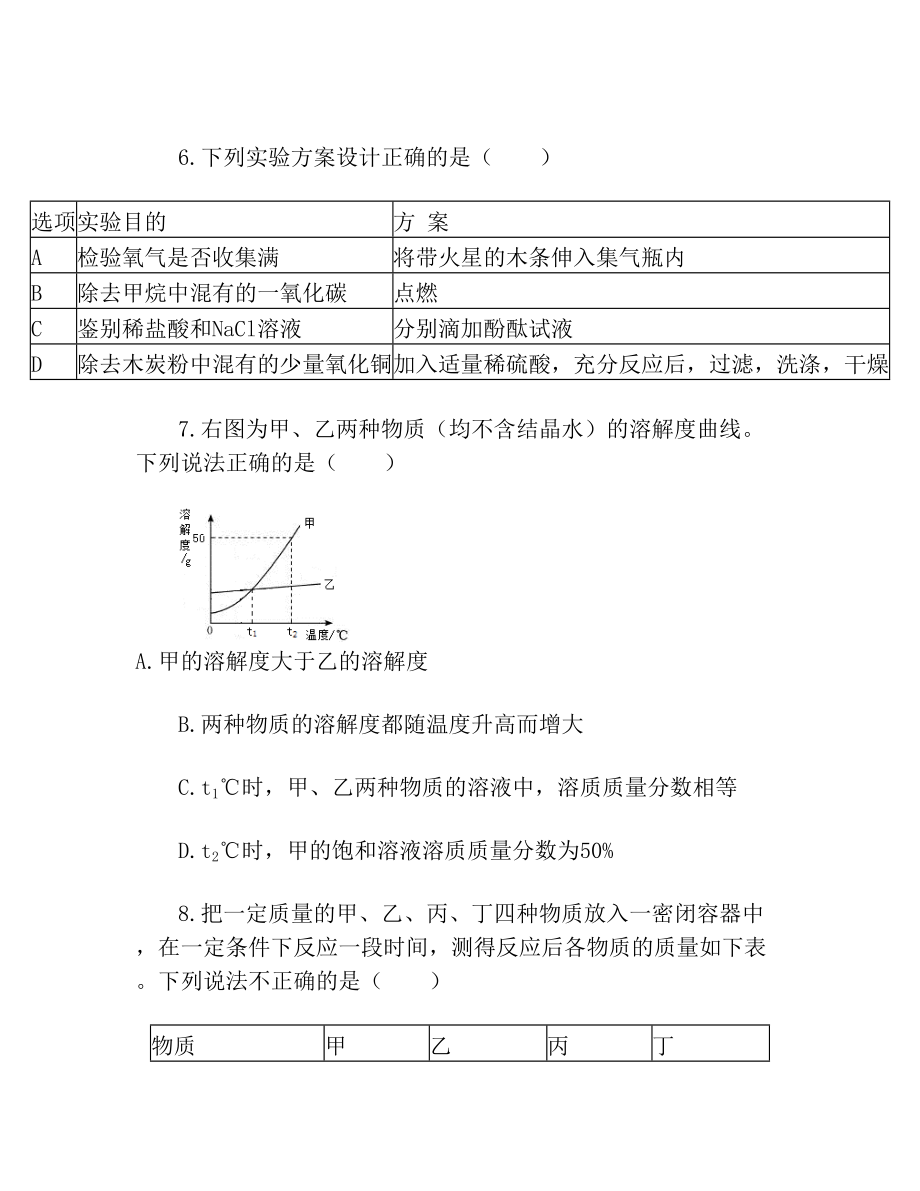 -福建省厦门市中考化学毕业班质量检测及答案详解一