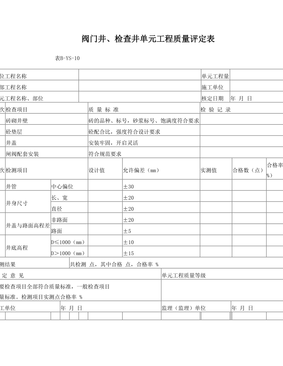 阀门井、检查井单元工程质量评定表