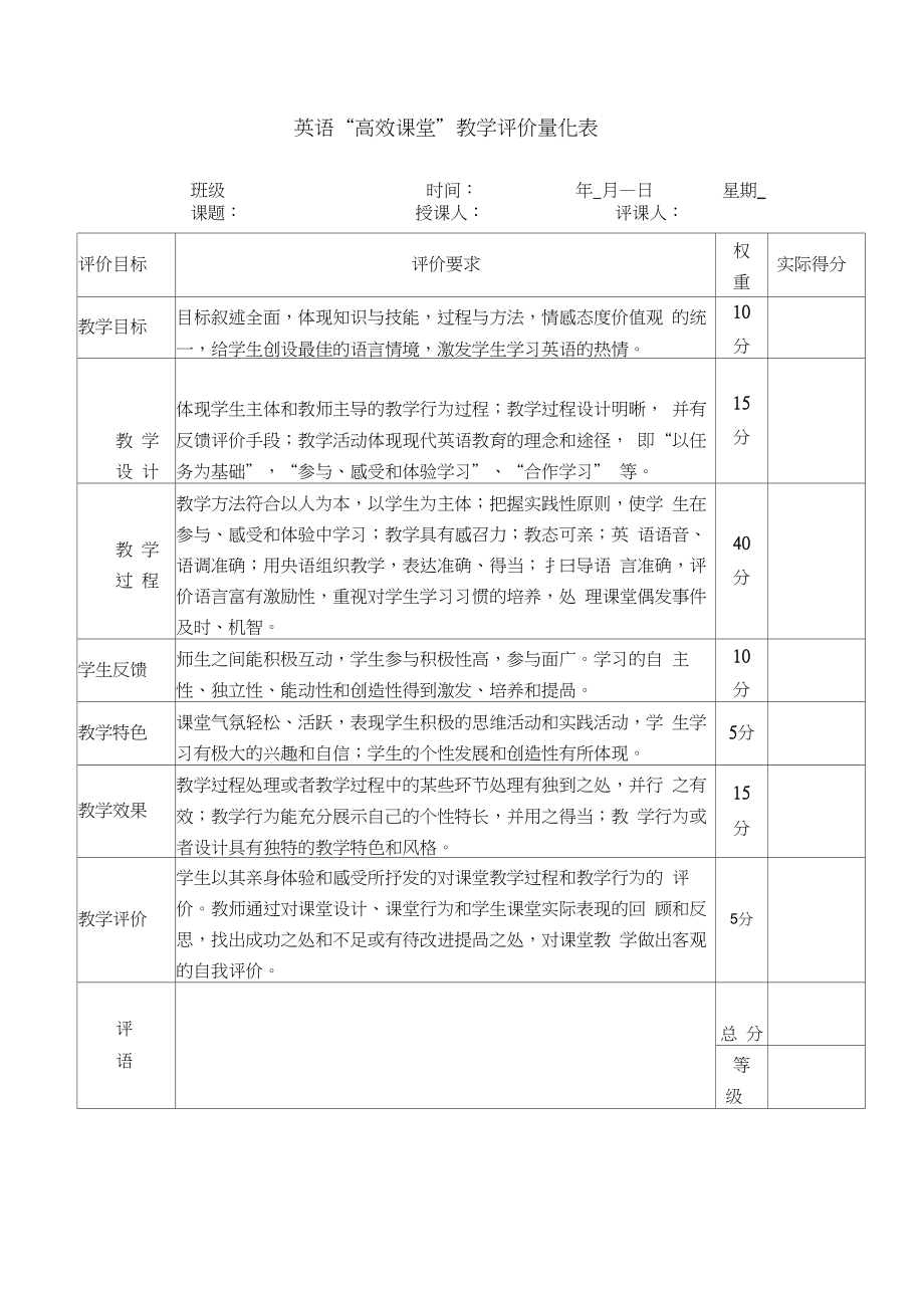 (完整word版)高效课堂量化评价表(1)