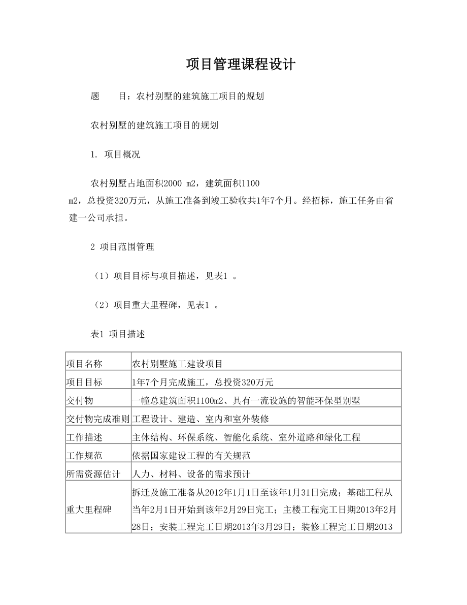 项目管理课程设计农村别墅的建筑施工项目的规划