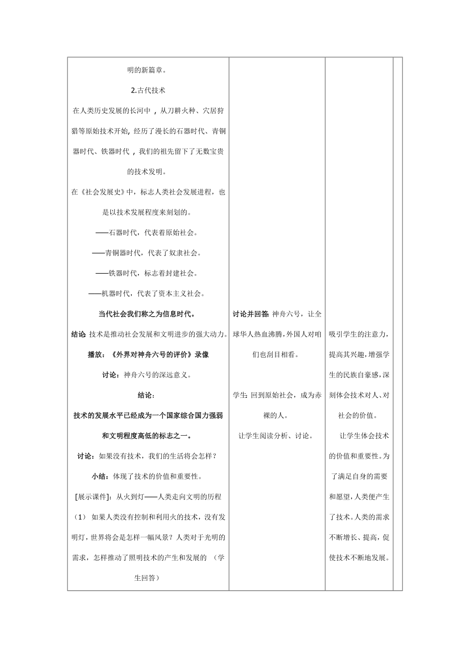 高一通用技术 第一章 走进技术世界一 技术的价值教案