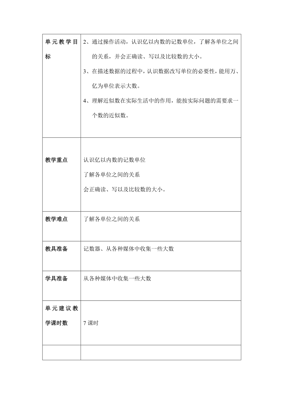 北师大版小学四年级上册数学教案(表格式).doc