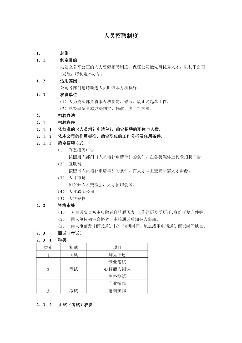 招聘管理招聘规章制度人员招聘制度.doc