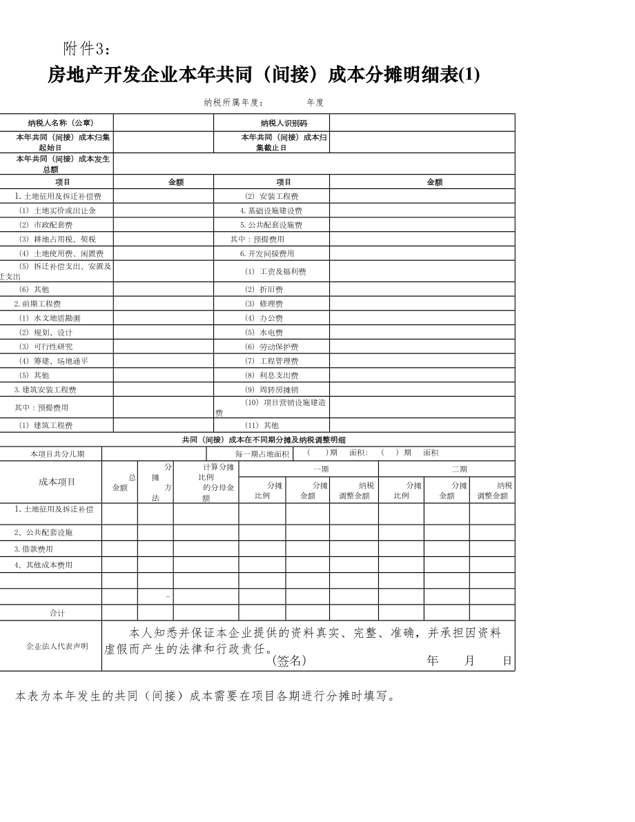 房地产开发企业本年共同间接成本分摊明细表.doc