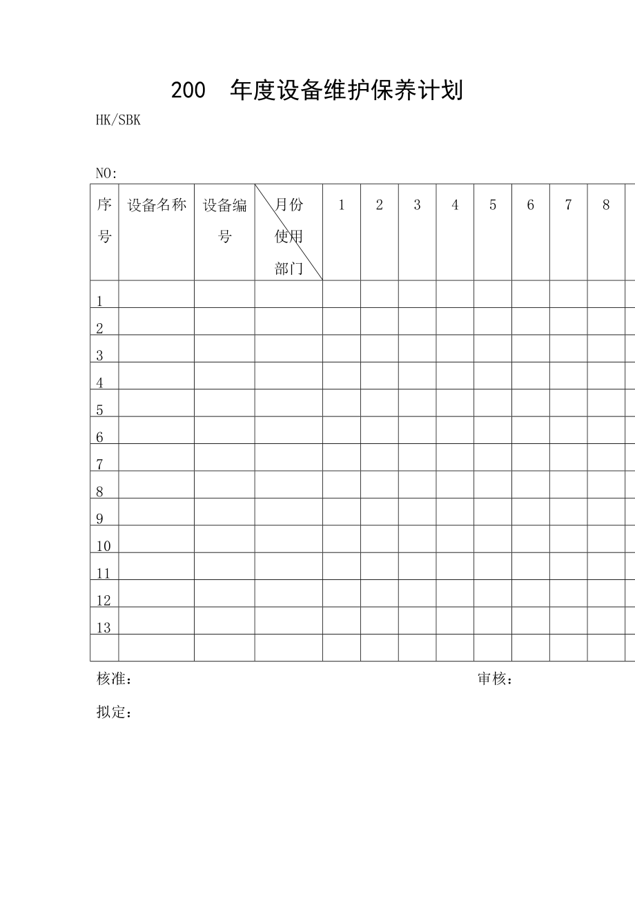 设备维护保养计划表格表格格式.doc