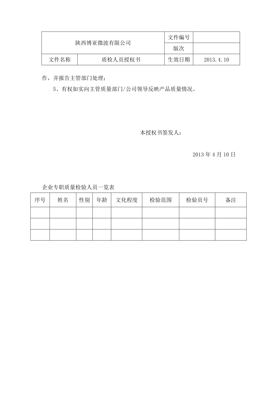 质检人员授权书Word文档.doc