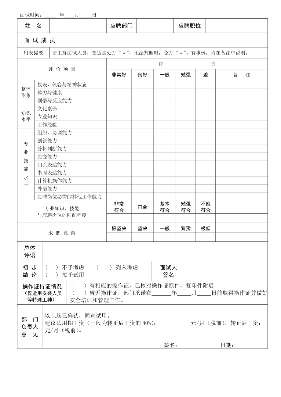 应聘人员面试记录评估表精品文档3页.doc