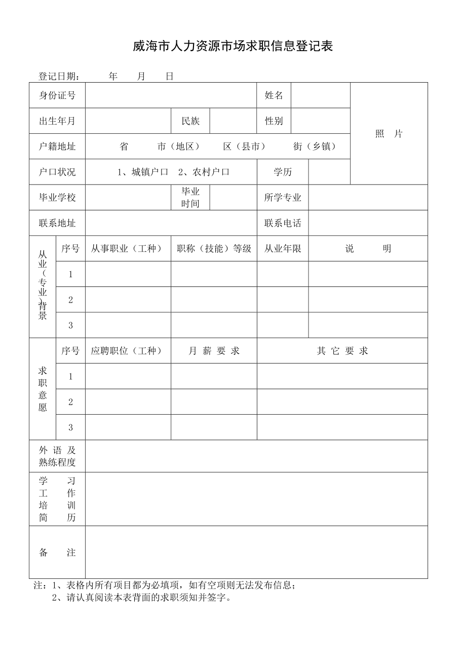 威海人力资源场求职信息登记表.doc