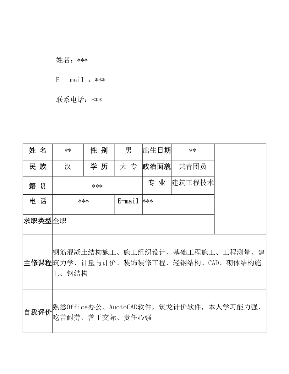 建筑工程专业简历模板.doc