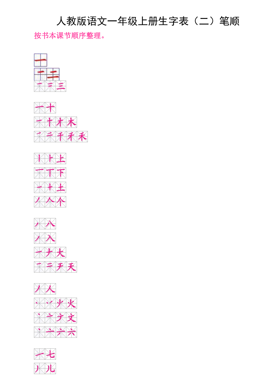 人教版语文一年级上册生字表（二）笔顺(按课本先后顺序整理).doc