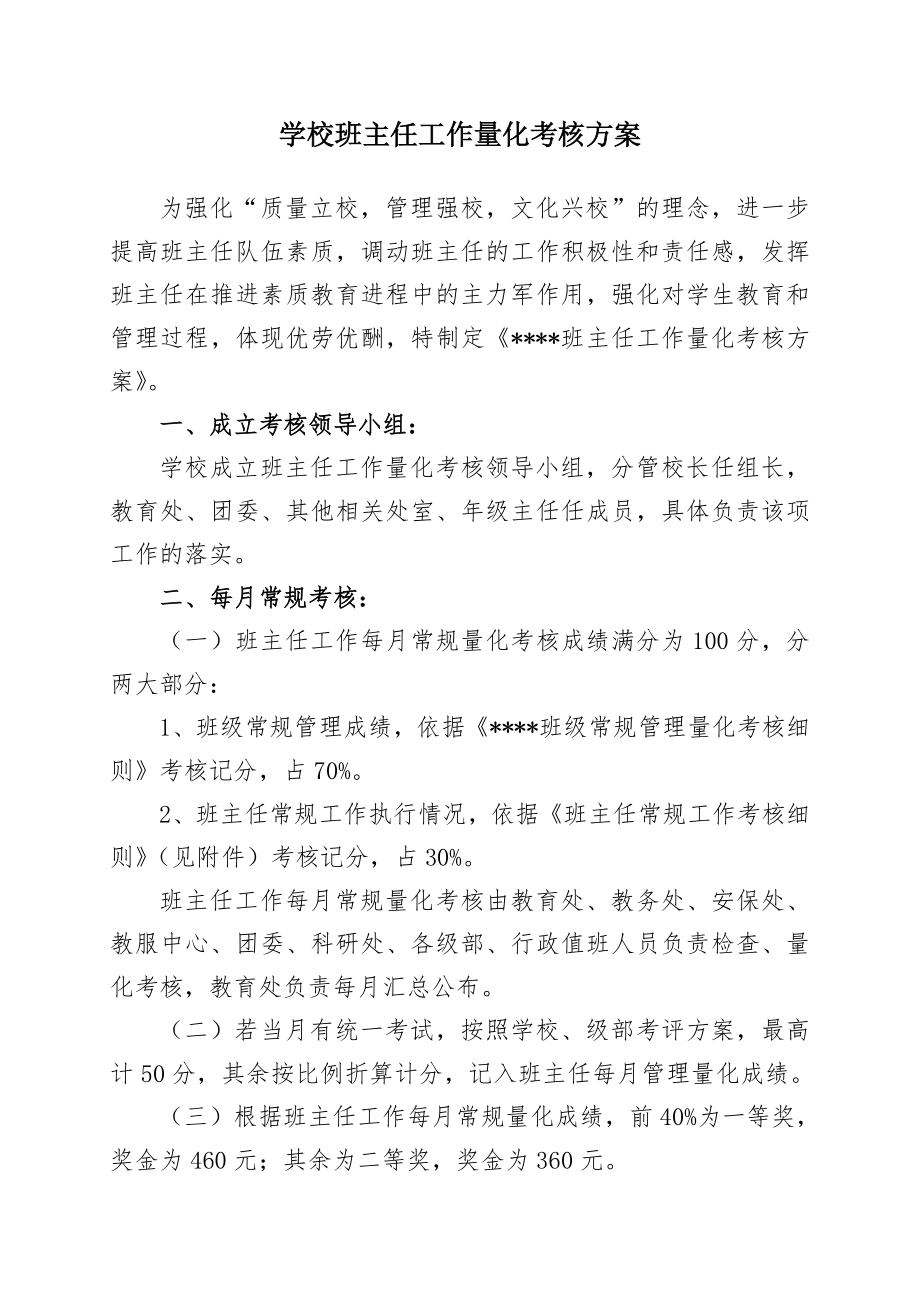 学校班主任工作量化考核方案.doc