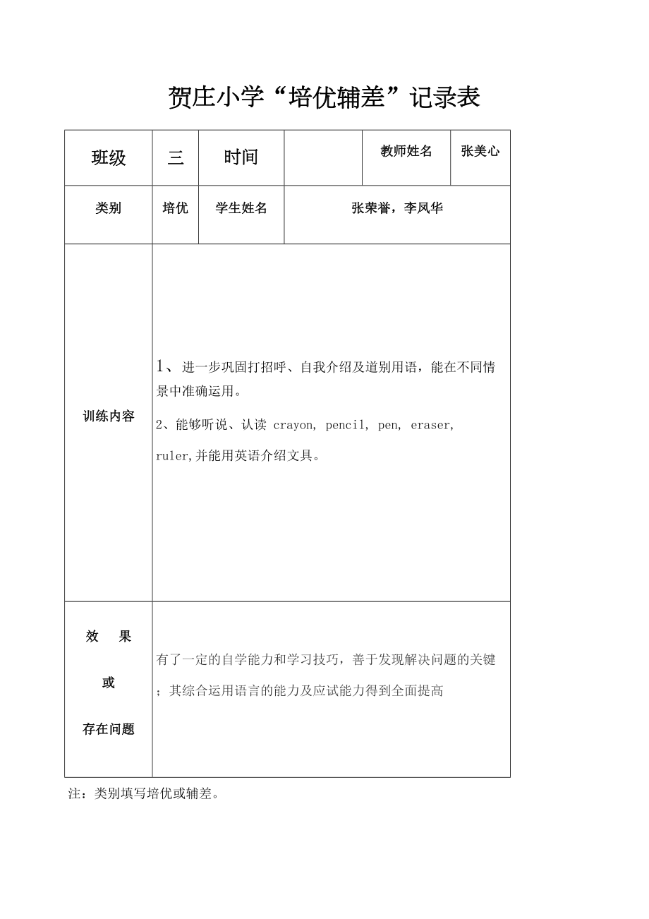 小学英语培优辅差记录表.doc