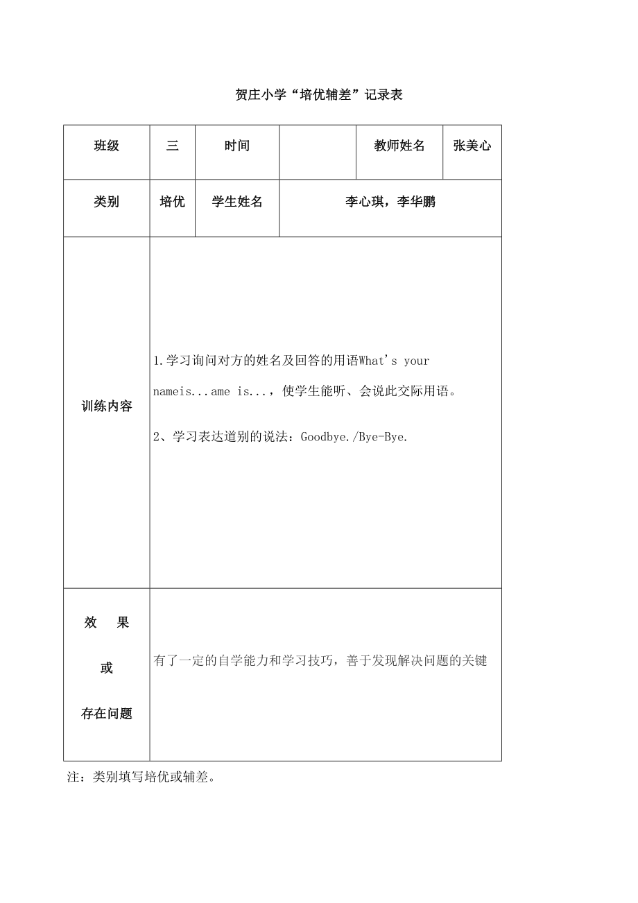 小学英语培优辅差记录表.doc