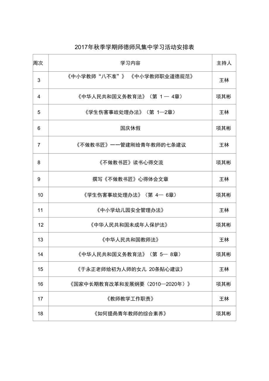 师德师风集中学习活动安排表.doc