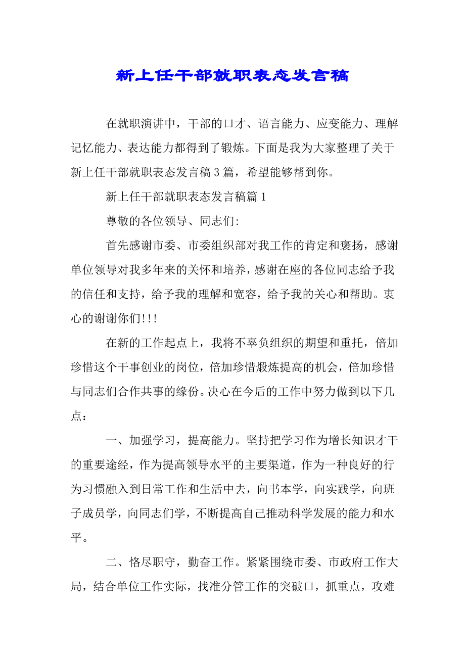 新上任干部就职表态发言稿.doc