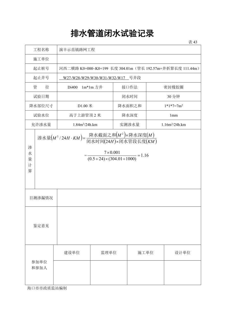 排水管道闭水试验记录.doc