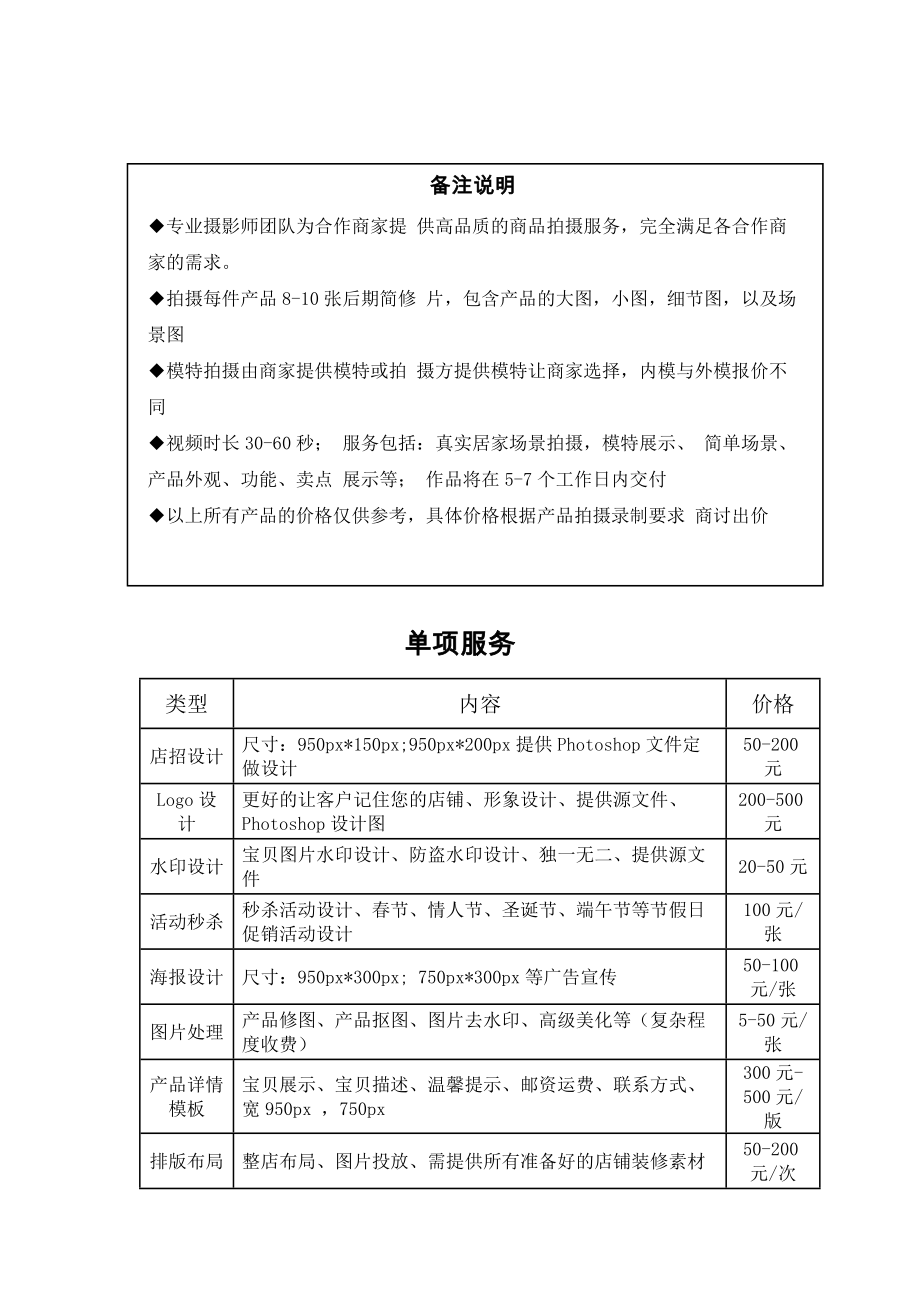 电商产品拍摄及后期报价单.doc