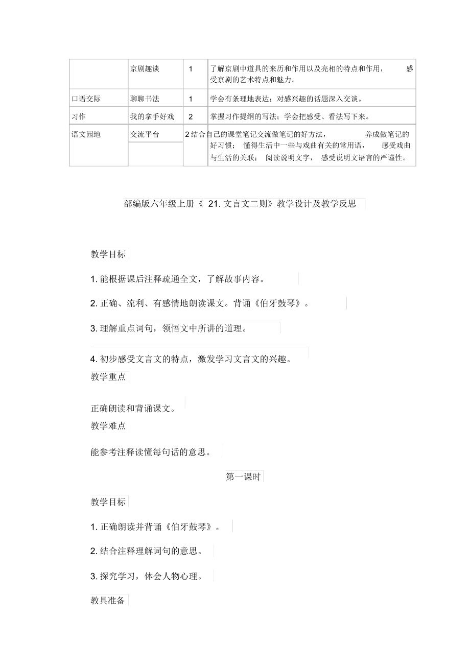 部编版六年级上册《21.文言文二则》教学设计及教学反思.doc