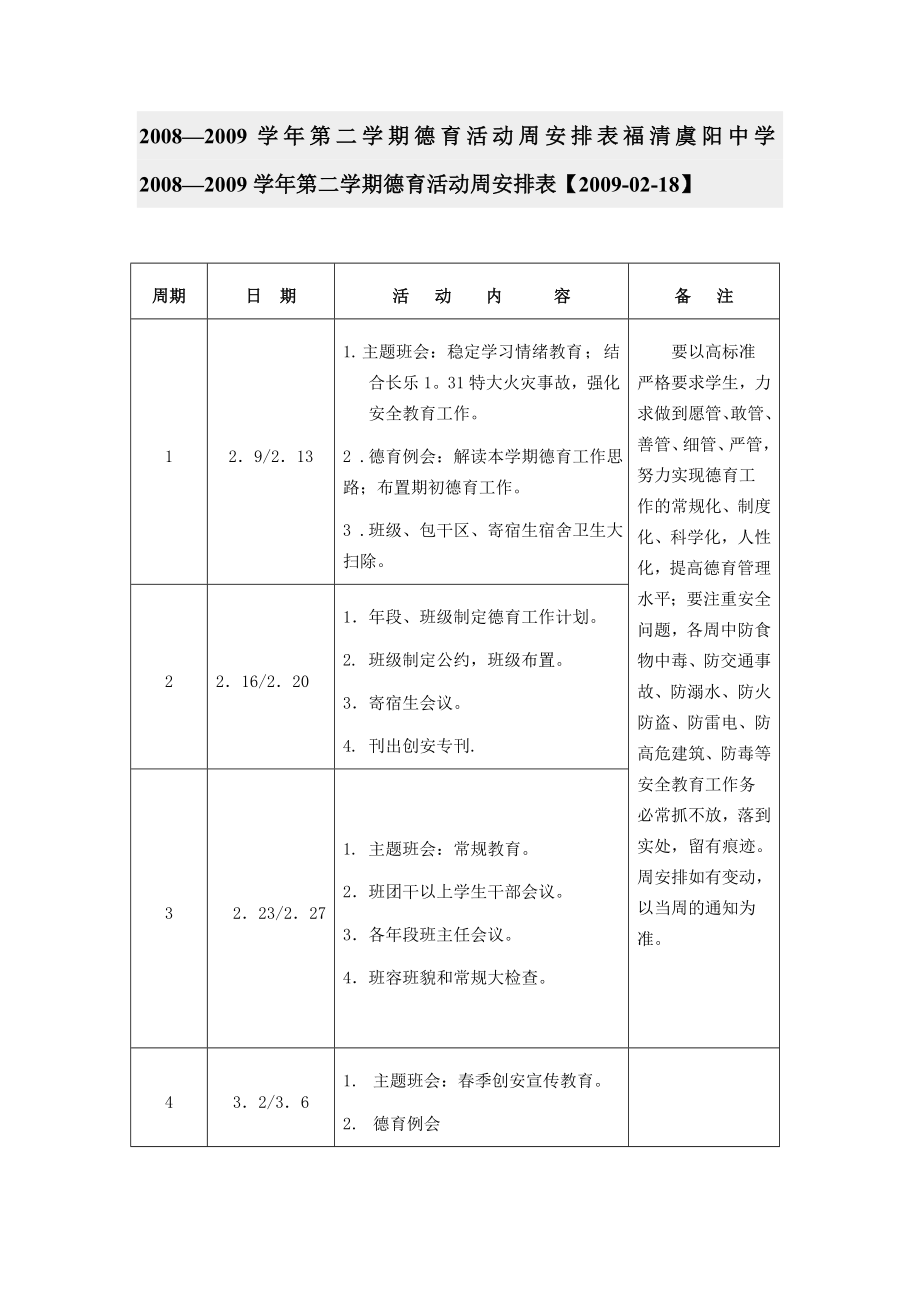 第二学期德育活动周安排表.doc