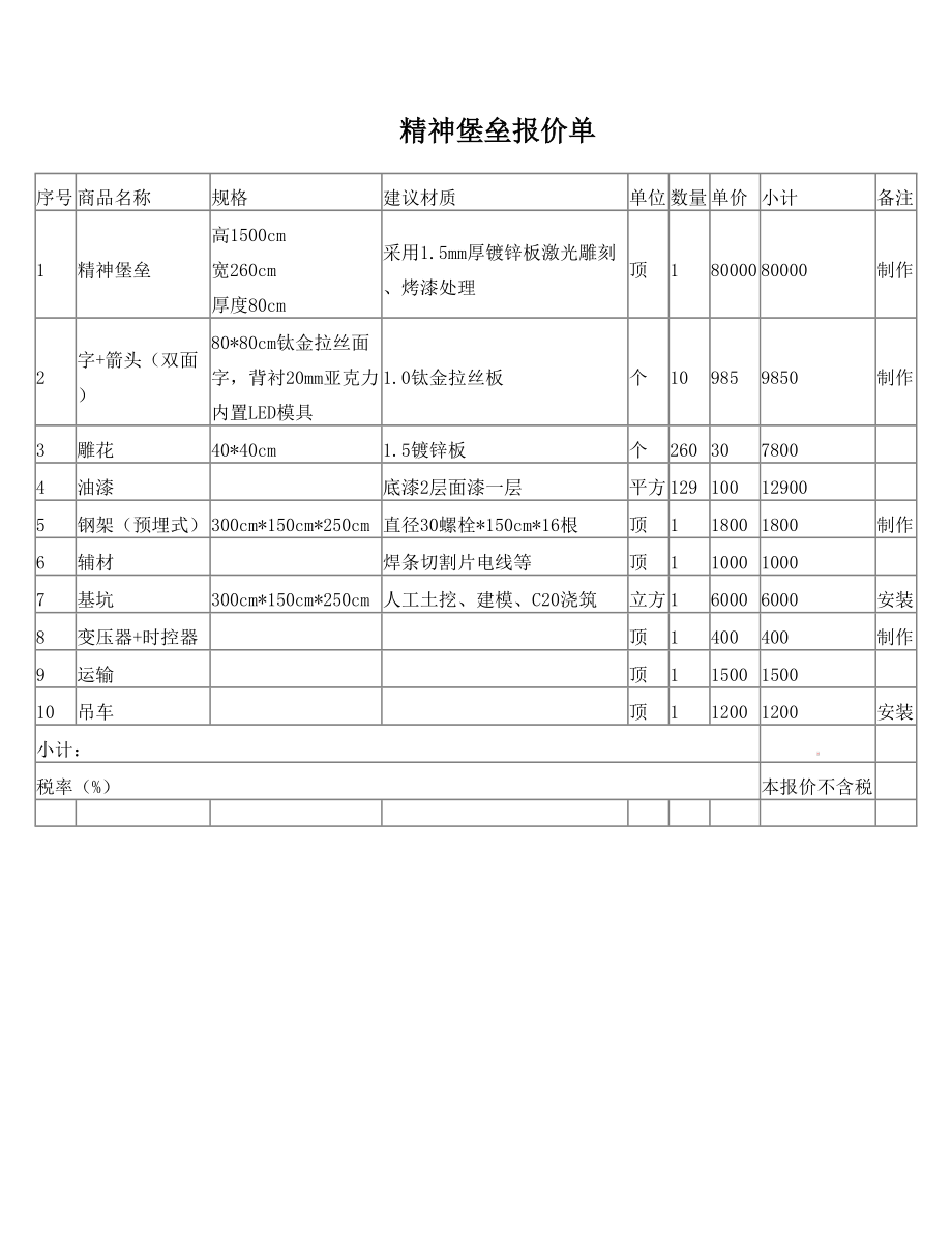 精神堡垒报价单.doc