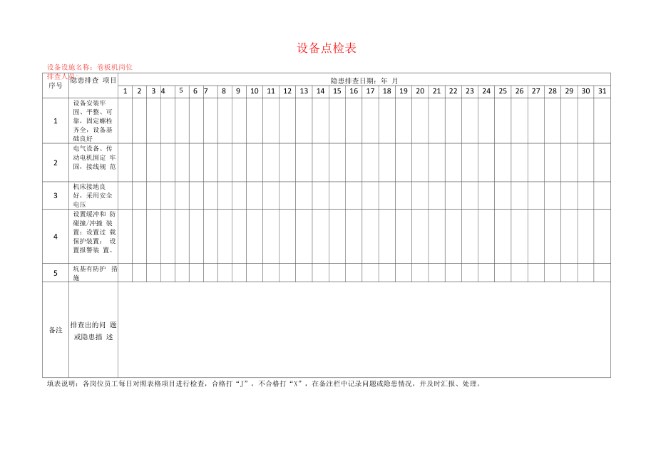 机加工企业生产车间设备点检表.doc