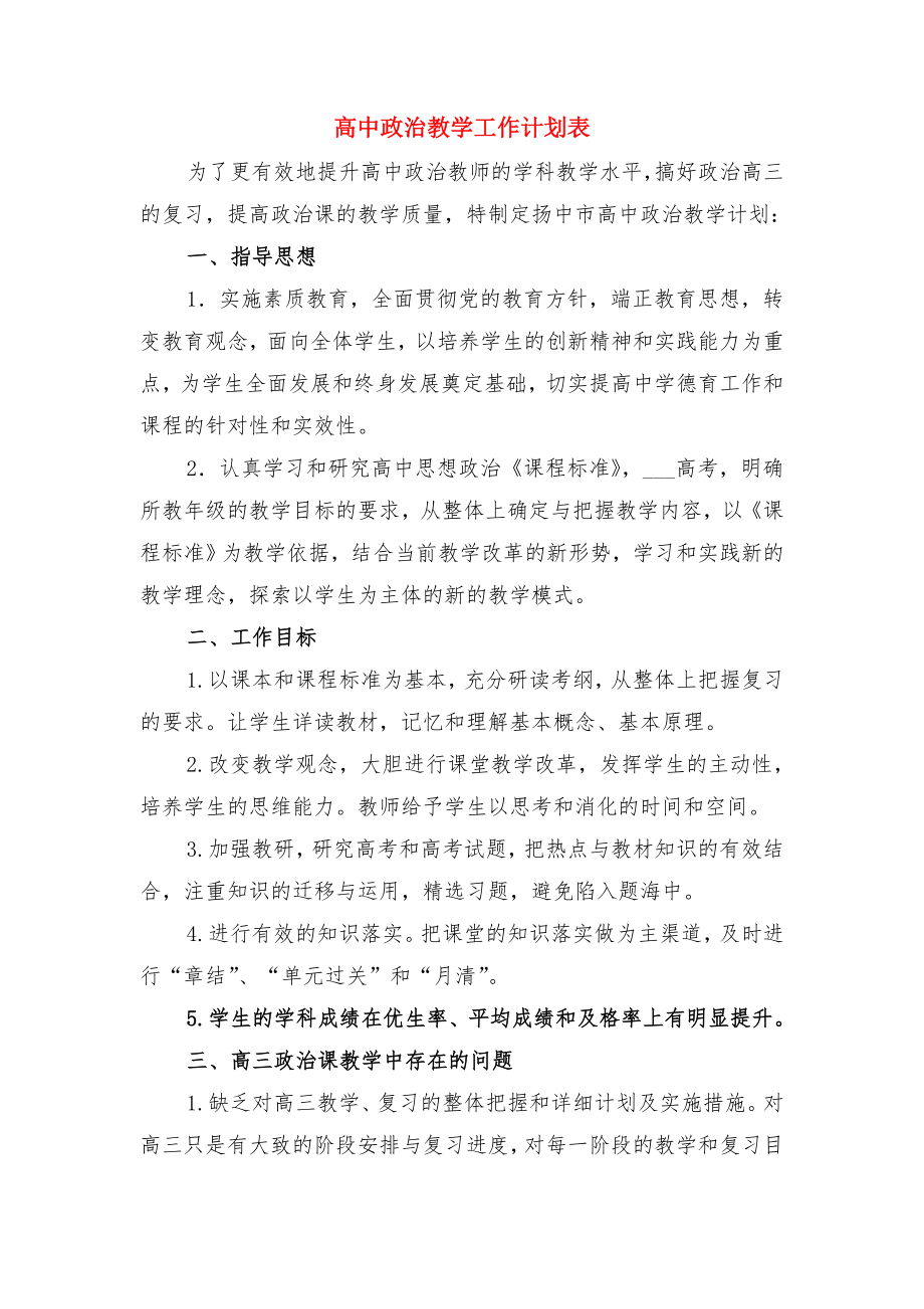 高中政治教学工作计划范例与高中政治教学工作计划表.doc