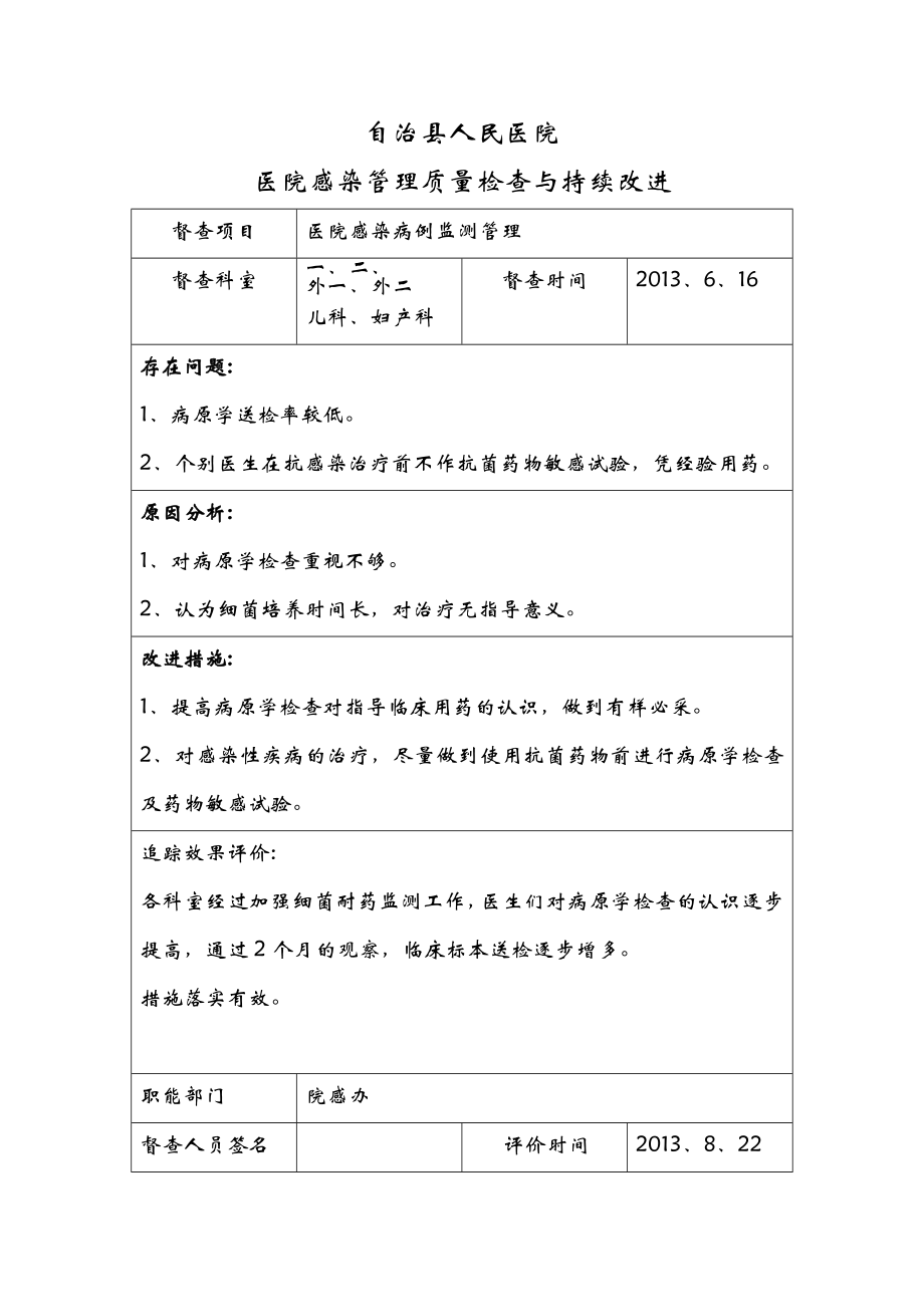 院科两级医院感染管理质量检查及持续改进.doc