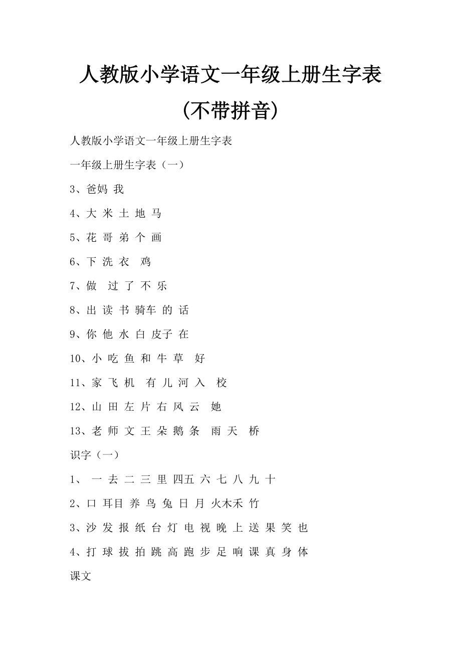 人教版小学语文一年级上册生字表(不带拼音).doc