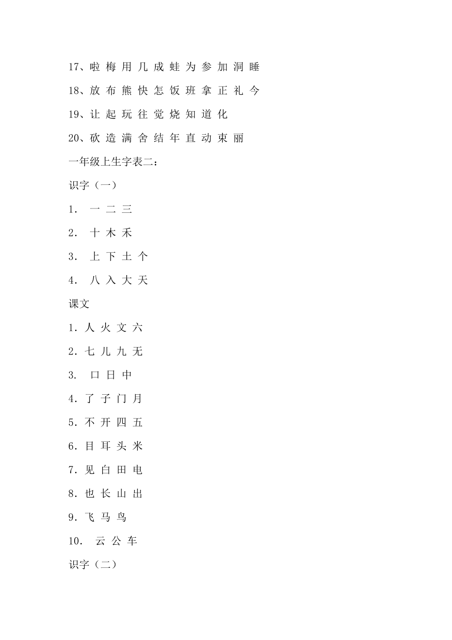 人教版小学语文一年级上册生字表(不带拼音).doc