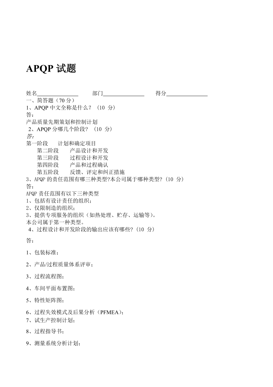 APQP培训试题及答案.doc